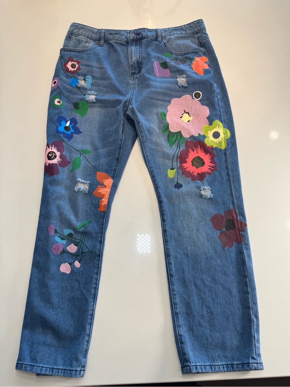 MISSLOOK Blue Straight-Leg Jeans with Multicolor Floral Prints